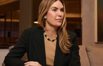 Newmark's Liz Hart in a conference center/amenity space at 1251 Avenue of the Americas where Newmark leads leasing.