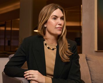 Newmark's Liz Hart in a conference center/amenity space at 1251 Avenue of the Americas where Newmark leads leasing.