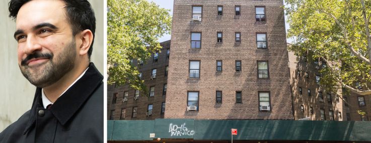 Mayor Zohran Mamdani and a NYCHA building in Queens with a sidewalk shed.