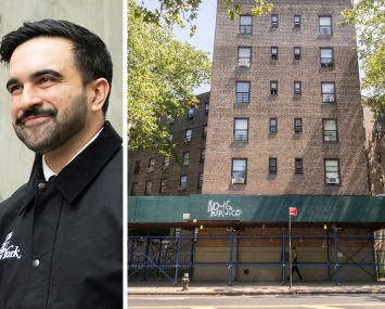 Mayor Zohran Mamdani and a NYCHA building in Queens with a sidewalk shed.