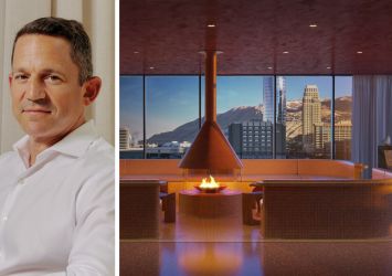 The Domain Companies's co-CEO Matt Schwartz and a rendering of a planned IHG Hotels & Resorts’ Kimpton luxury hotel in Salt Lake City.