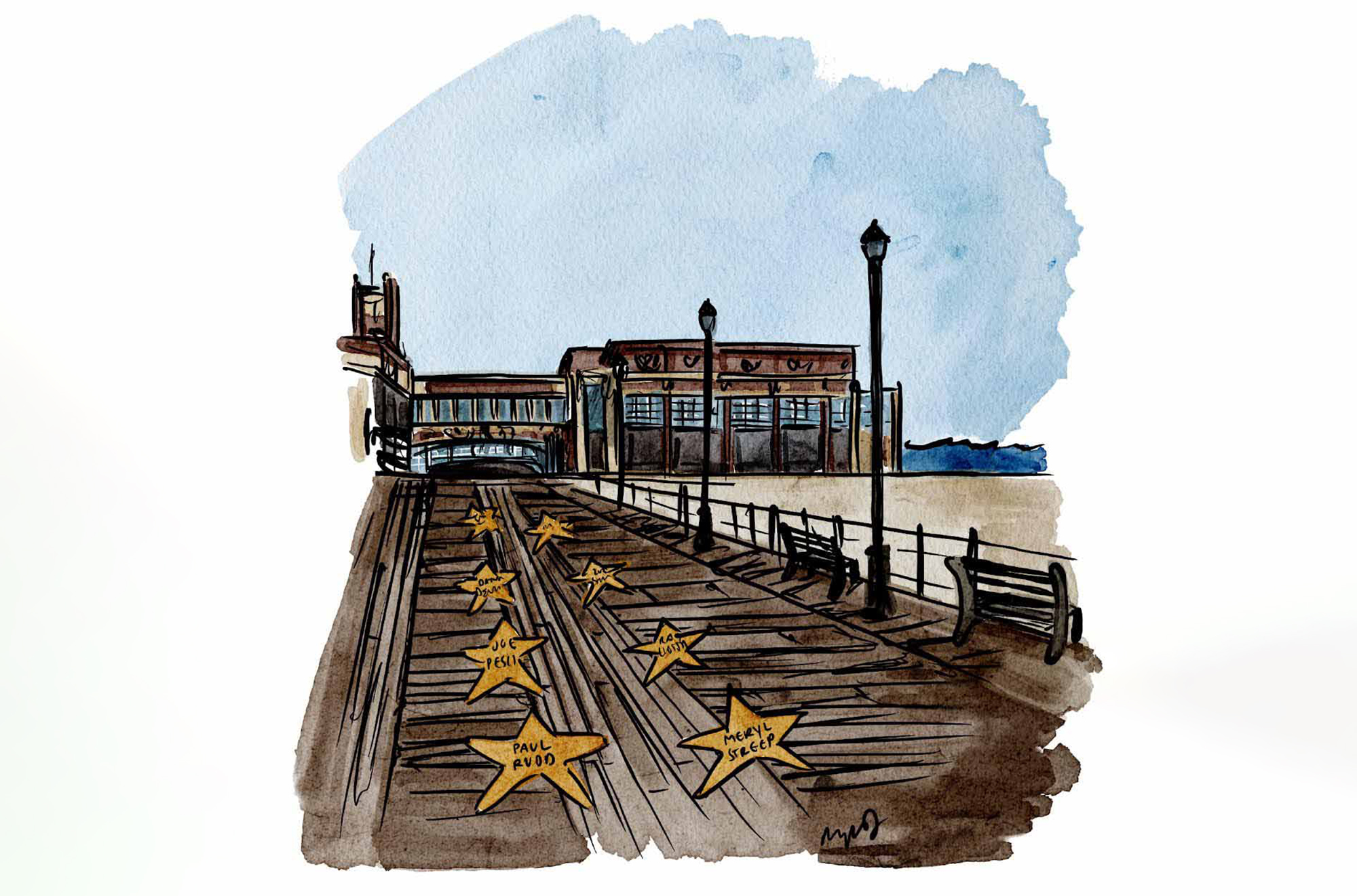 Illustration of the Hollywood Walk of Fame on a New Jersey boardwalk.