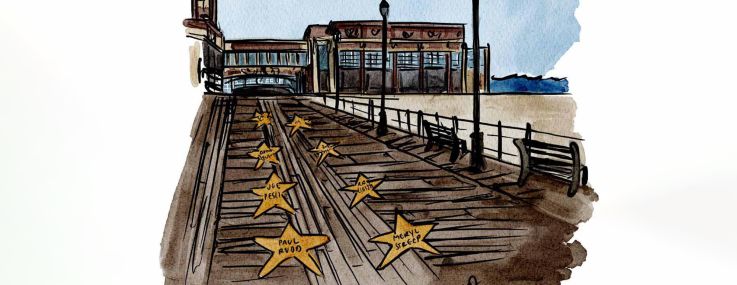 Illustration of the Hollywood Walk of Fame on a New Jersey boardwalk.