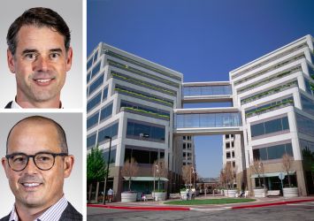 Northmarq's Nathan Prouty (top) and Andrew Slaton, and The Towers at Cupertino City Center, 20400 Stevens Creek Boulevard in Cupertino, Calif.