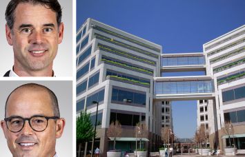Northmarq's Nathan Prouty (top) and Andrew Slaton, and The Towers at Cupertino City Center, 20400 Stevens Creek Boulevard in Cupertino, Calif.
