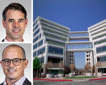 Northmarq's Nathan Prouty (top) and Andrew Slaton, and The Towers at Cupertino City Center, 20400 Stevens Creek Boulevard in Cupertino, Calif.
