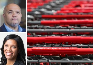 MCB Real Estate's P. David Bramble (top) and Gina Baker Chambers, and shopping carts lined up at a Costco.