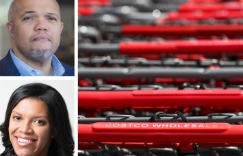 MCB Real Estate's P. David Bramble (top) and Gina Baker Chambers, and shopping carts lined up at a Costco.
