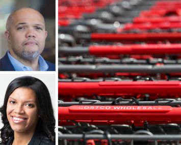 MCB Real Estate's P. David Bramble (top) and Gina Baker Chambers, and shopping carts lined up at a Costco.