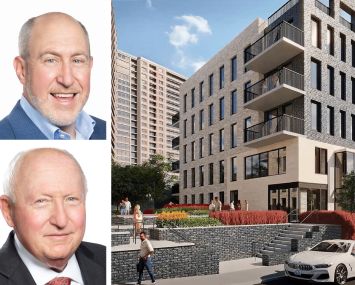 Avison Young's Scott Singer (top) and Andy Singer, and a rendering of The Residence at Bay Terrace in Queens.