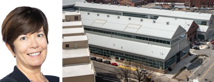 Avison Young's Scott Singer (top) and Kathleen McSharry and Brooklyn Navy Yard's Green Manufacturing Center complex.