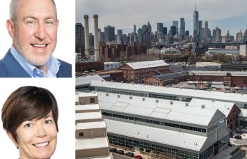 Avison Young's Scott Singer (top) and Kathleen McSharry and Brooklyn Navy Yard's Green Manufacturing Center complex.