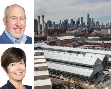 Avison Young's Scott Singer (top) and Kathleen McSharry and Brooklyn Navy Yard's Green Manufacturing Center complex.