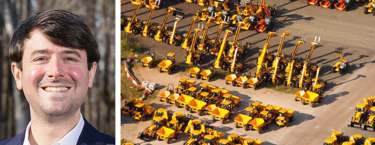 Alterra IOS's Scott Whittle (top), Cooper-Horowitz's Justin Horowitz, and construction equipment on an outdoor storage lot.