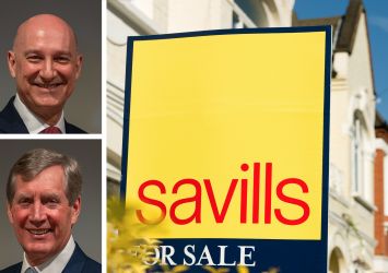 Simon Shaw of Savills (top), Michael Van Konynenburg of Eastdil Secured, and a Savills sign advertising a property in London.