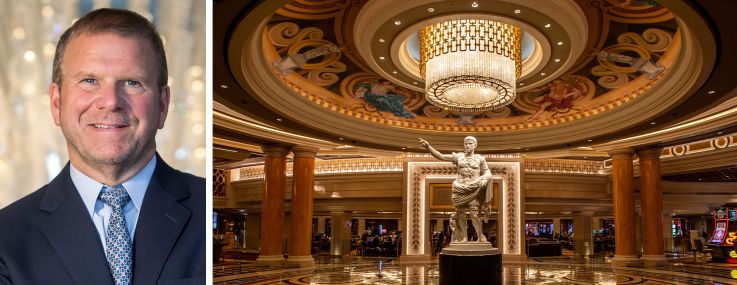 Tilman Fertitta and an interior of Caesar's Palace in Las Vegas.