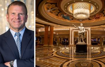 Tilman Fertitta and an interior of Caesar's Palace in Las Vegas.