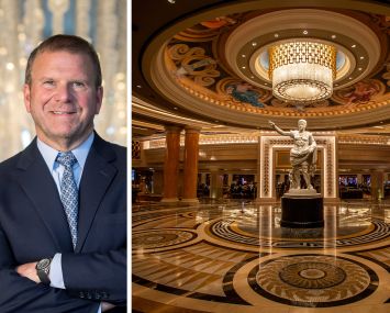 Tilman Fertitta and an interior of Caesar's Palace in Las Vegas.