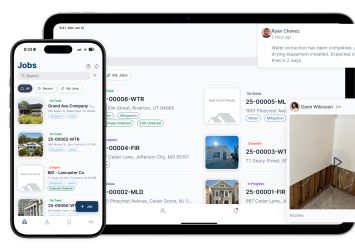 Truebuilt software shown on mobile and tablet screens.
