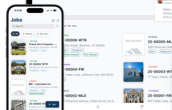Truebuilt software shown on mobile and tablet screens.