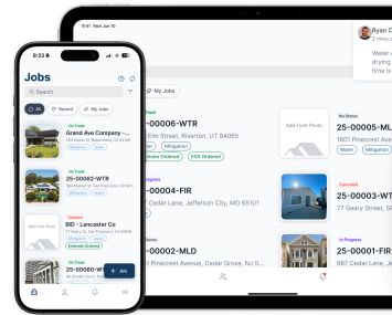 Truebuilt software shown on mobile and tablet screens.