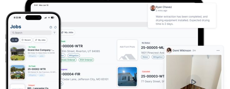 Truebuilt software shown on mobile and tablet screens.