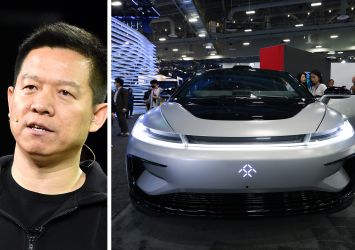 Faraday Future co-CEO YT Jia and a Faraday Future vehicle at the Consumer Electronics Show.