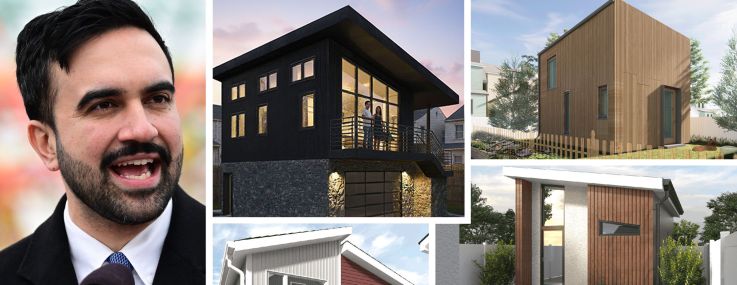 Mayor Zohran Mamdani and a sample of renderings of pre-approved ancillary dwelling units.