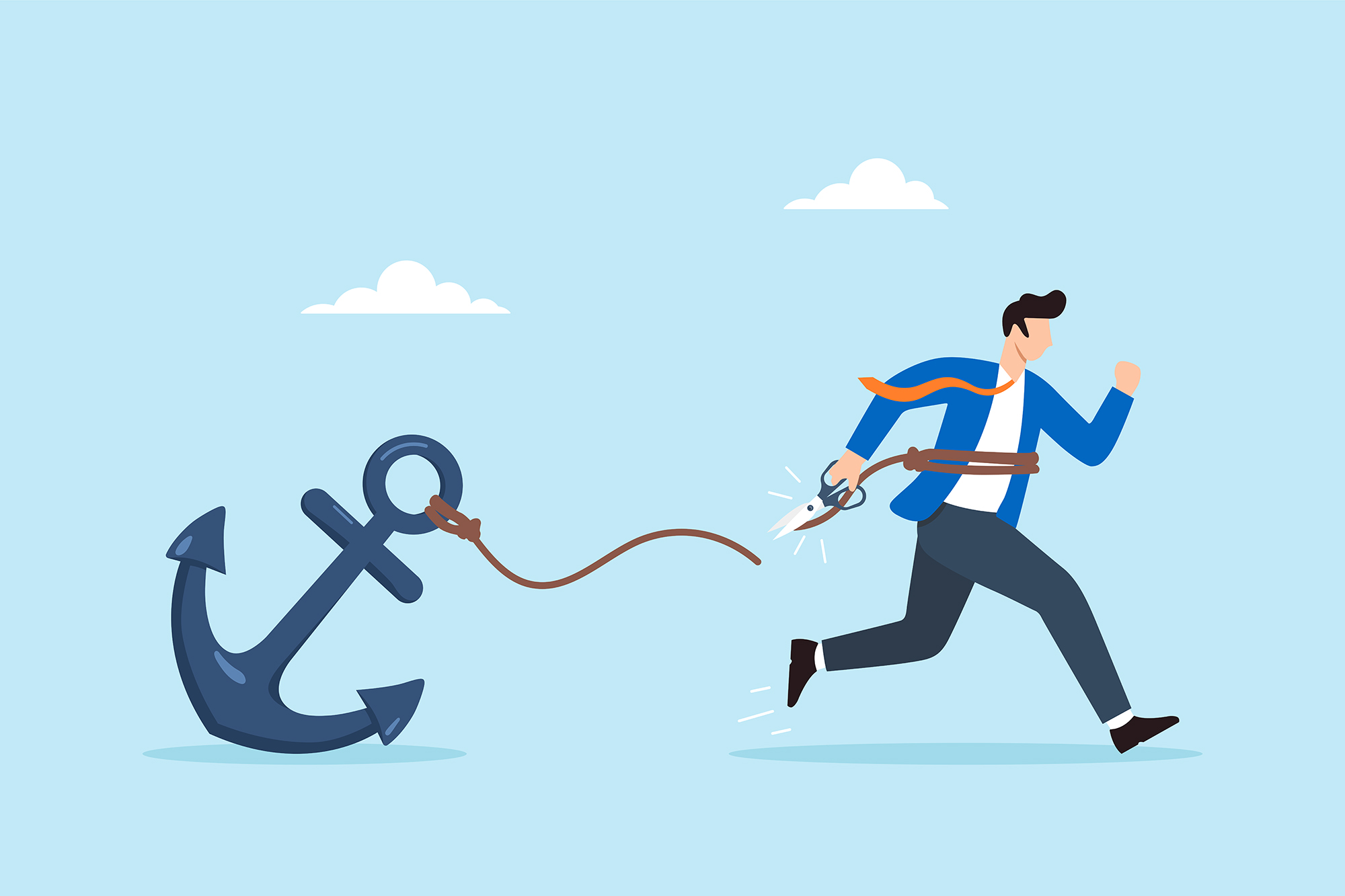 An illustration of a businessman cutting rope tied to heavy anchor.