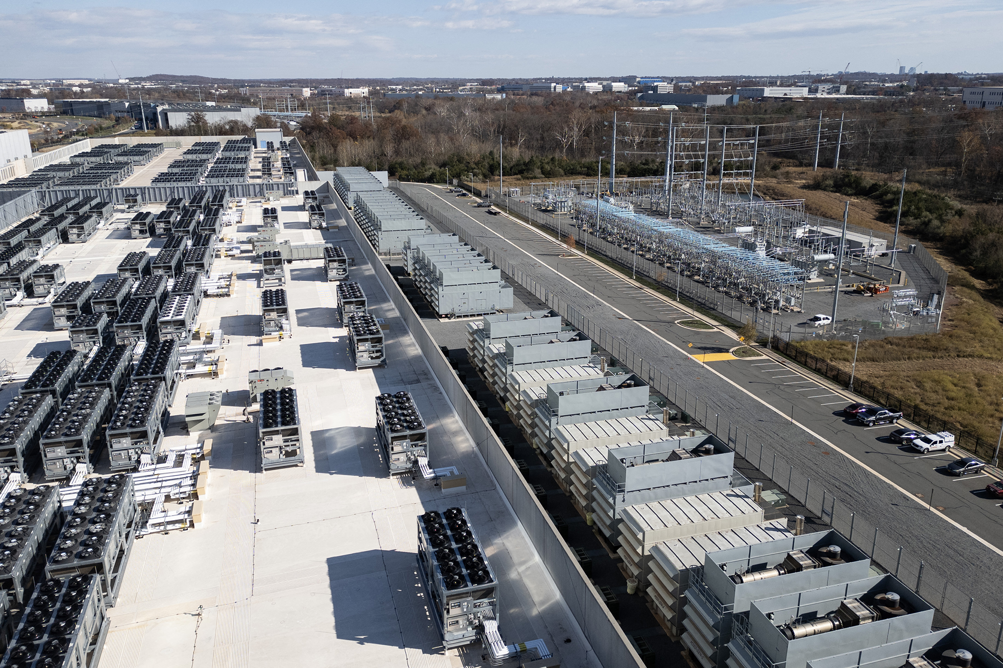 An aerial view of a data center in Ashburn, Va.