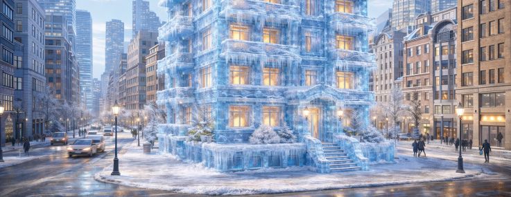 An illustration of a frozen building in the middle of a city.