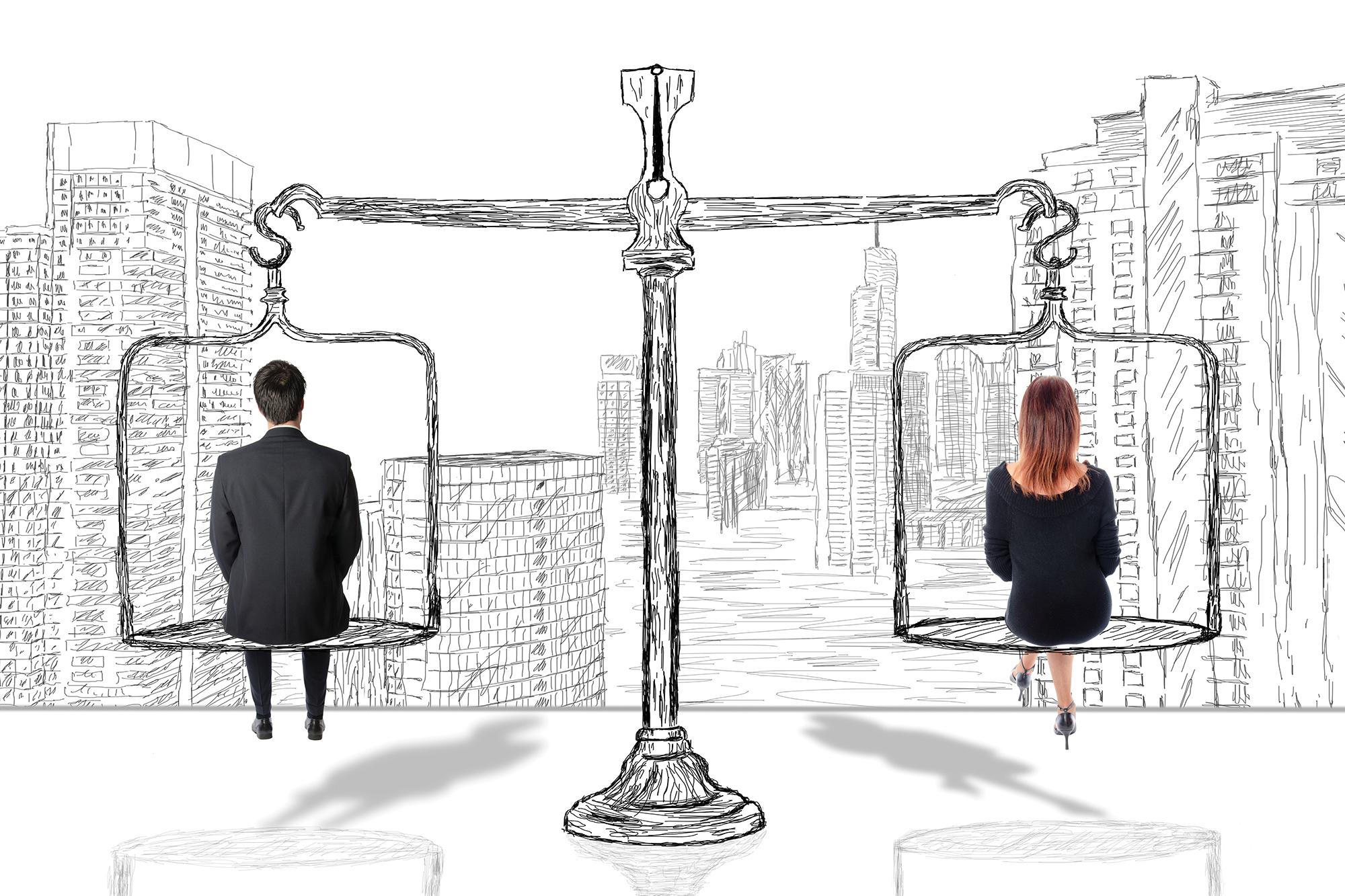 An illustration of a man and a woman sitting on a scale overlooking buildings in a city.
