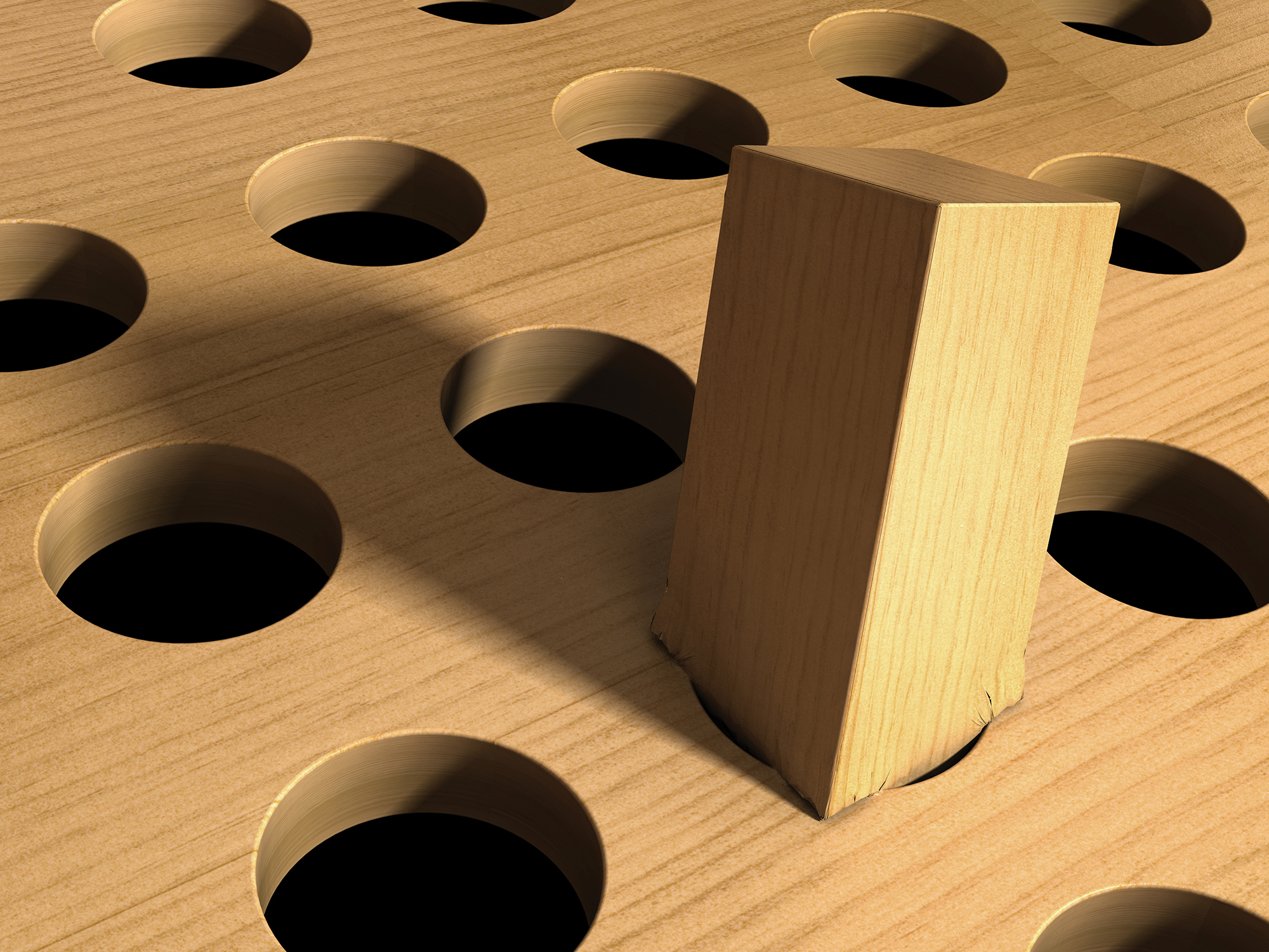 An illustration of a square peg forced into a round hole.