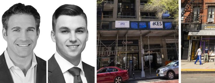 Clockwise from top left: Dan O'Brien, Eric Roth, Tyler Signora, and Adam Doneger, of Newmark; alongside 120 West 23rd Street (left) and 237-239 9th Avenue.