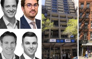 Clockwise from top left: Dan O'Brien, Eric Roth, Tyler Signora, and Adam Doneger, of Newmark; alongside 120 West 23rd Street (left) and 237-239 9th Avenue.