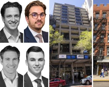 Clockwise from top left: Dan O'Brien, Eric Roth, Tyler Signora, and Adam Doneger, of Newmark; alongside 120 West 23rd Street (left) and 237-239 9th Avenue.
