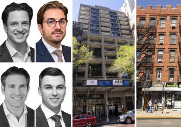 Clockwise from top left: Dan O'Brien, Eric Roth, Tyler Signora, and Adam Doneger, of Newmark; alongside 120 West 23rd Street (left) and 237-239 9th Avenue.