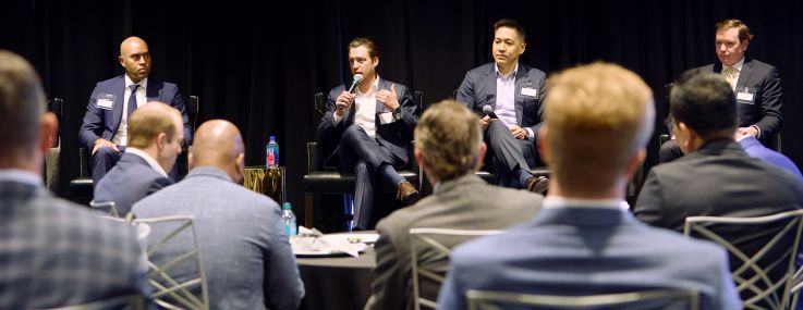 Kris Lowe (from left), Adam Simon, Michael Hyun, and R. Davis Powell participate in a panel at the Commercial Observer Development and Investor Forum in Dallas.
