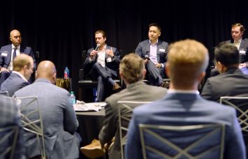 Kris Lowe (from left), Adam Simon, Michael Hyun, and R. Davis Powell participate in a panel at the Commercial Observer Development and Investor Forum in Dallas.