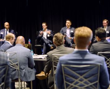 Kris Lowe (from left), Adam Simon, Michael Hyun, and R. Davis Powell participate in a panel at the Commercial Observer Development and Investor Forum in Dallas.