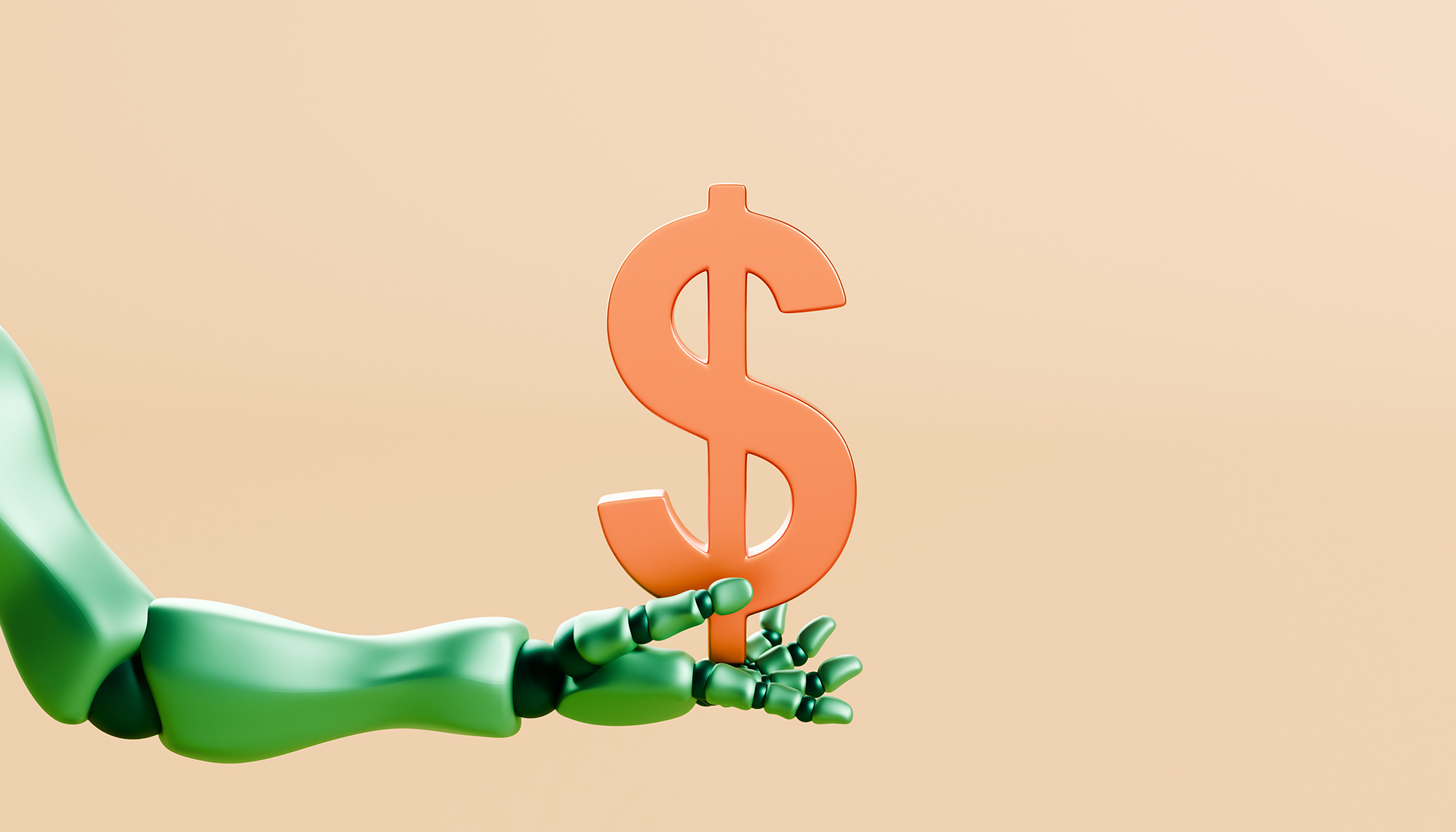 A sleek, metallic green humanoid robotic arm holding a dollar sign.