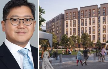 Cottonwood Group CEO Alexander Shing and a rendering of the Bunker Hill housing redevelopment in Boston.