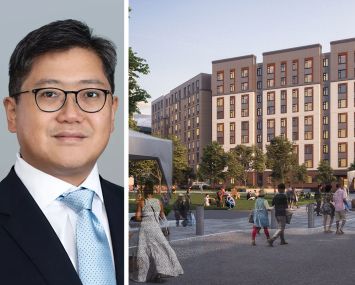 Cottonwood Group CEO Alexander Shing and a rendering of the Bunker Hill housing redevelopment in Boston.
