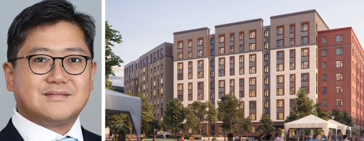 Cottonwood Group CEO Alexander Shing and a rendering of the Bunker Hill housing redevelopment in Boston.