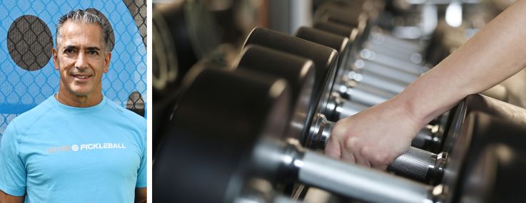Life Time founder and CEO Bahram Akradi and a rack of barbells at a gym.