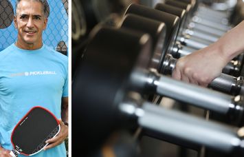 Life Time founder and CEO Bahram Akradi and a rack of barbells at a gym.
