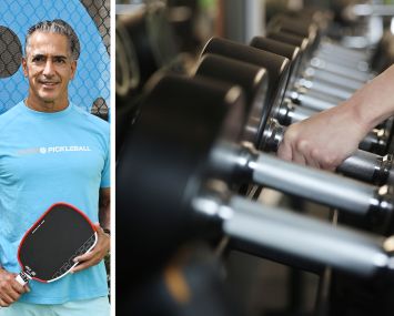 Life Time founder and CEO Bahram Akradi and a rack of barbells at a gym.