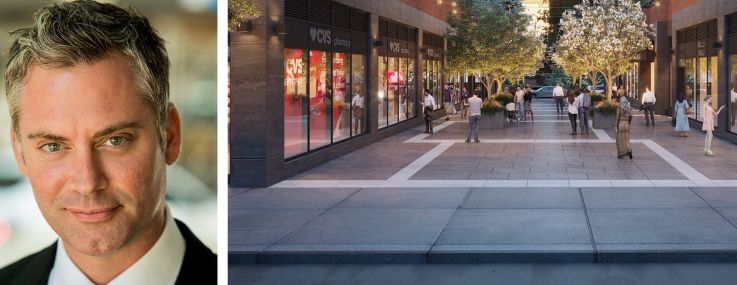 William Macklowe Company CEO Billy Macklowe (top), RIPCO's Jason Pennington, and a rendering of Paseo on Fifth at 120 Fifth Avenue, Brooklyn.