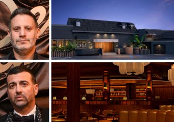 The h.wood Group's Brian Toll (top left) and John Terzian (bottom left), a rendering of The Nice Guy in Newport Beach, Calif. (top right) and a rendering of the interior of Montana's in Brentwood, Calif.