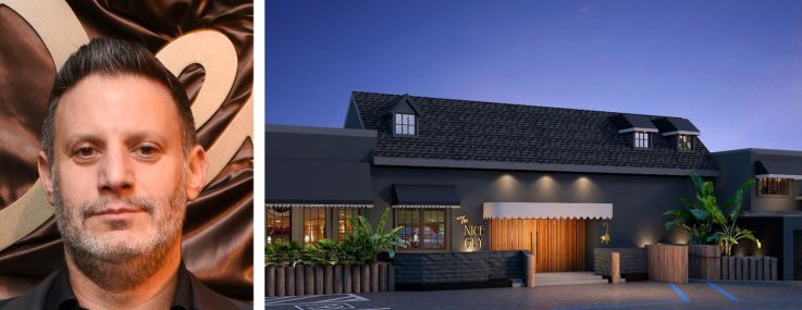 The h.wood Group's Brian Toll (top left) and John Terzian (bottom left), a rendering of The Nice Guy in Newport Beach, Calif. (top right) and a rendering of the interior of Montana's in Brentwood, Calif.